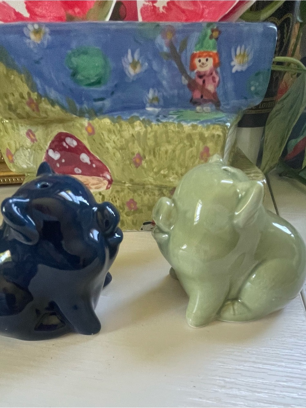 Pig Salt and Pepper Shakers ~ Blue and Green Cottagecore Farmhouse Decor